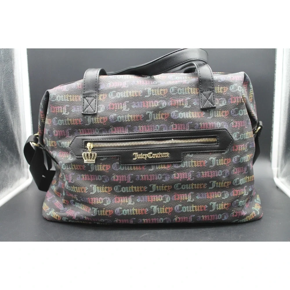 Juicy Couture Rainbow Logo Print Satchel Duffel Shoulder Bag Black Crown Charm